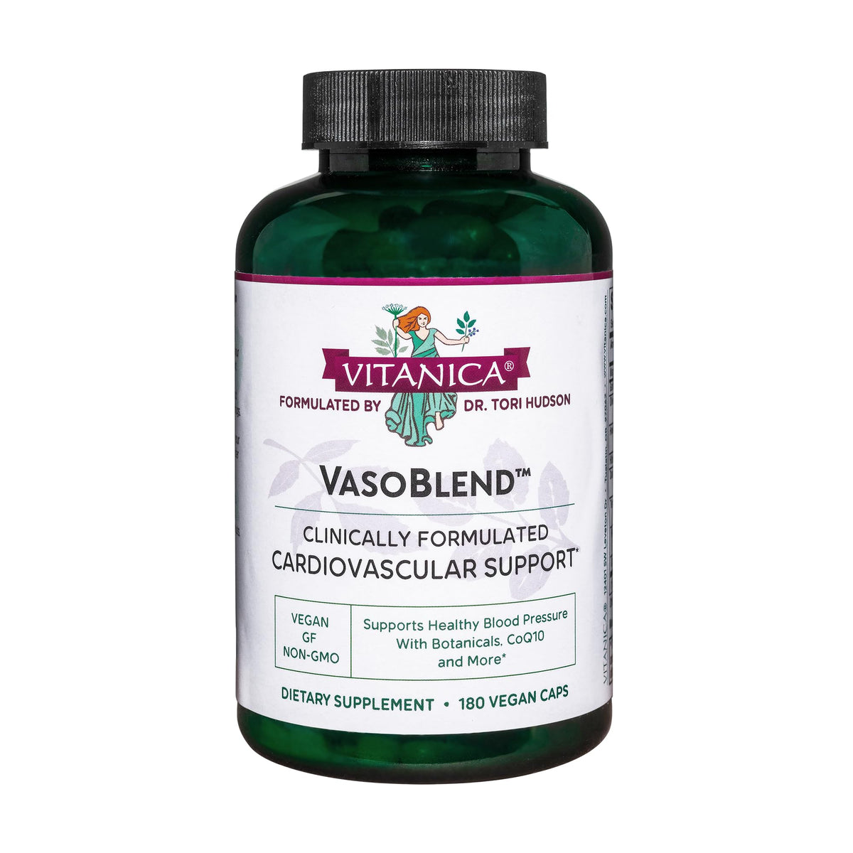 Vitanica VasoBlend bottle front showcasing heart health support in a vegan capsule format.