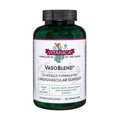 Vitanica VasoBlend bottle front showcasing heart health support in a vegan capsule format.