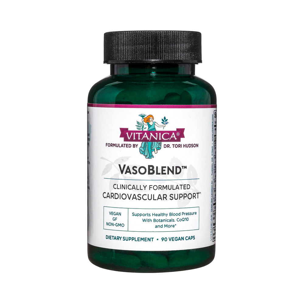 Vitanica VasoBlend heart health bottle label showcases compassionate care for cardiovascular support