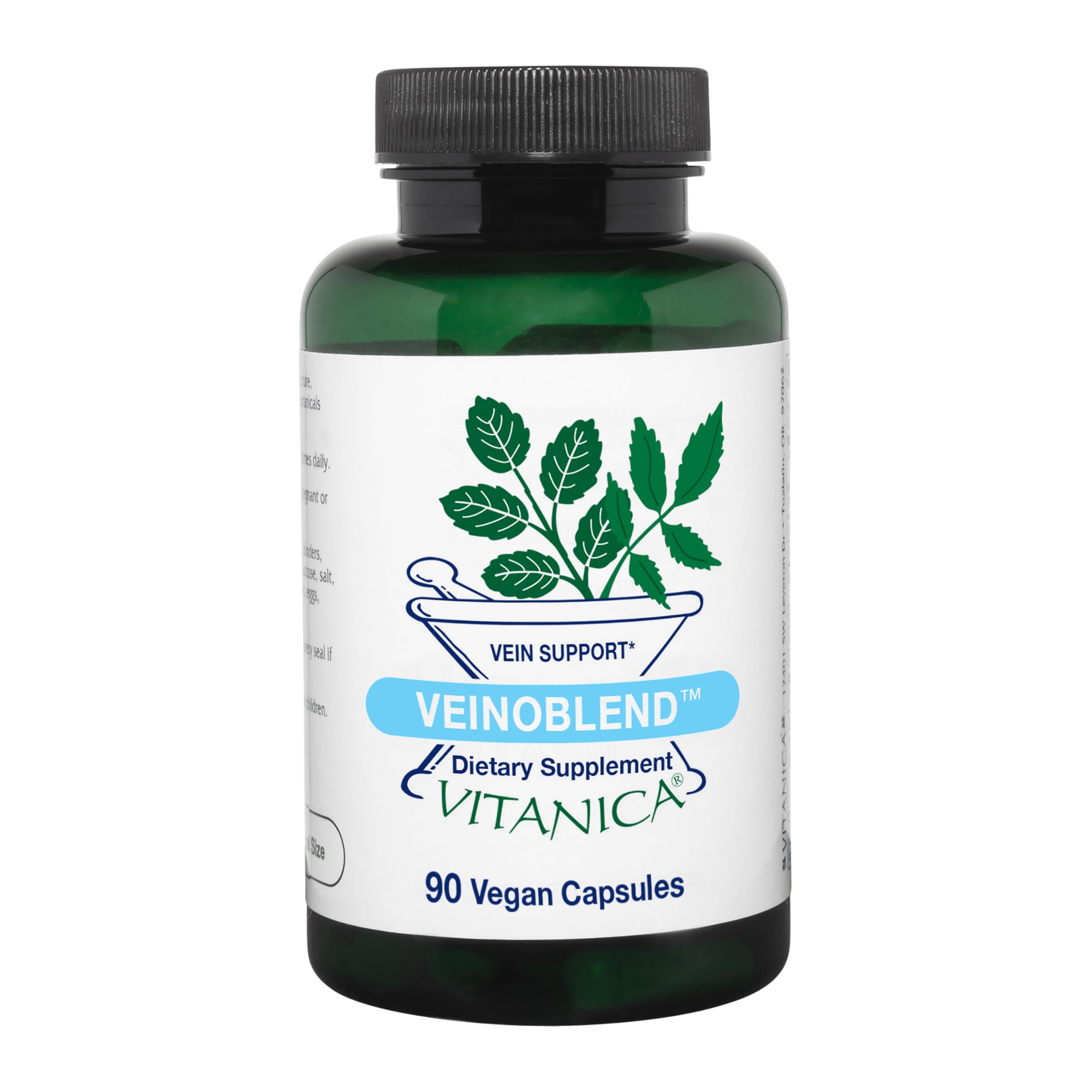 Vitanica VeinoBlend bottle front shows vegan vein support for daily comfort.
