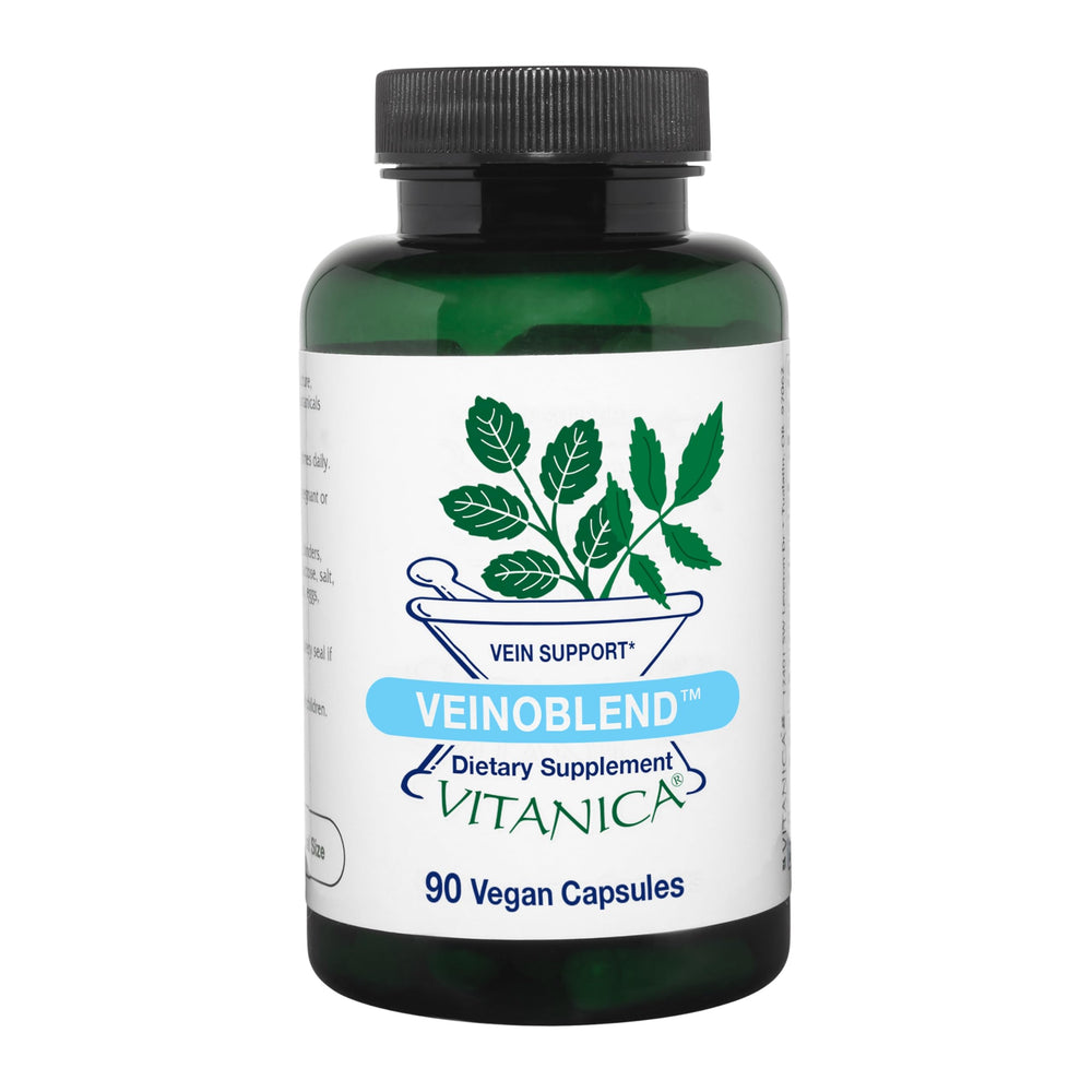 Vitanica VeinoBlend bottle front shows vegan vein support for daily comfort.