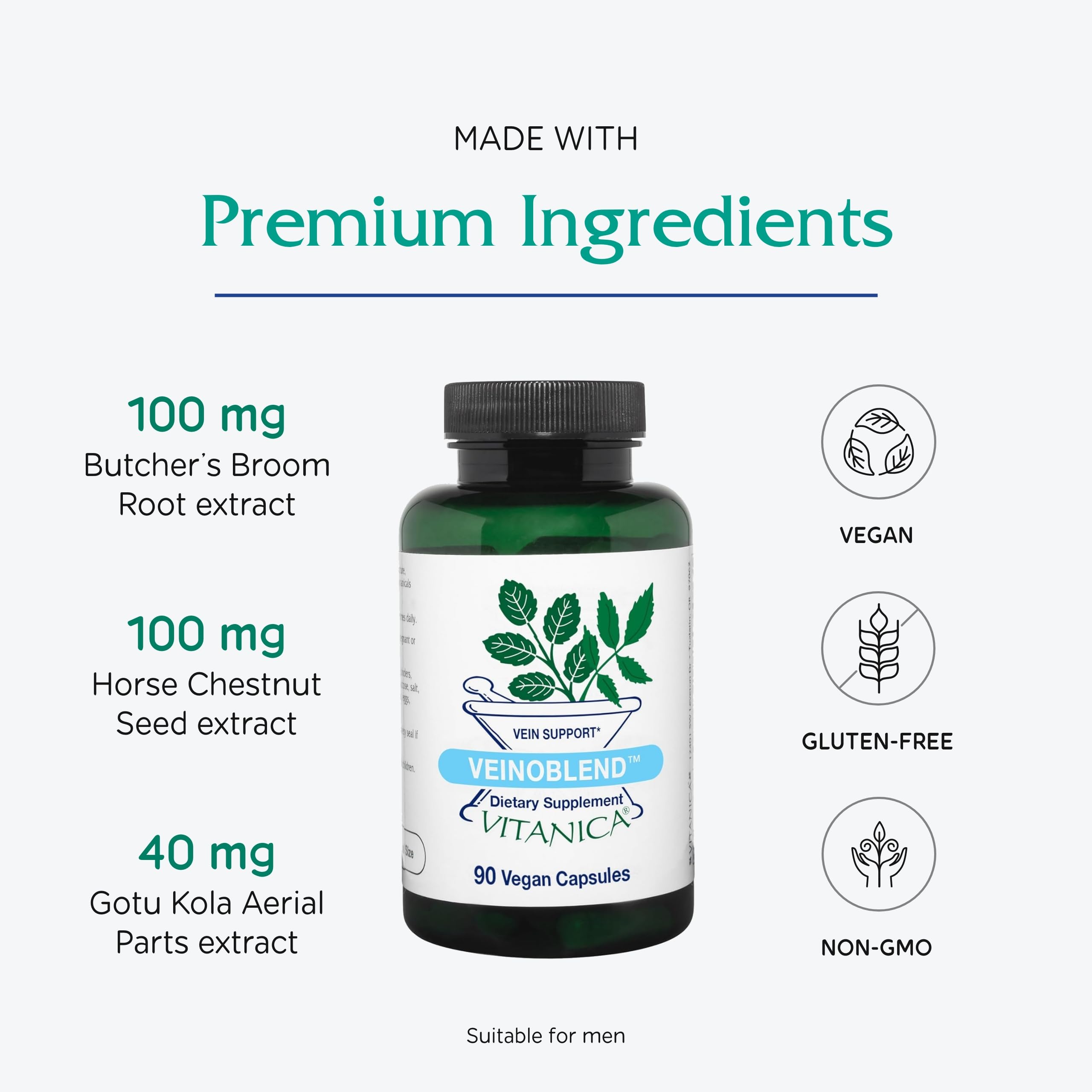 Vitanica VeinoBlend label detail conveys non-GMO, organic, wild-crafted herbs.