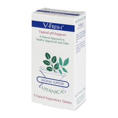 Vitanica V-Fresh suppositories packaging promoting discreet vaginal pH support.