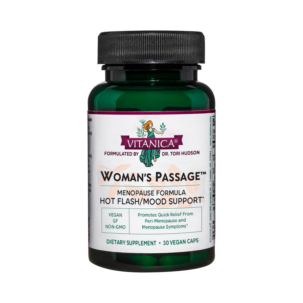 Vitanica Woman’s Passage bottle front highlighting menopause support for daily wellbeing