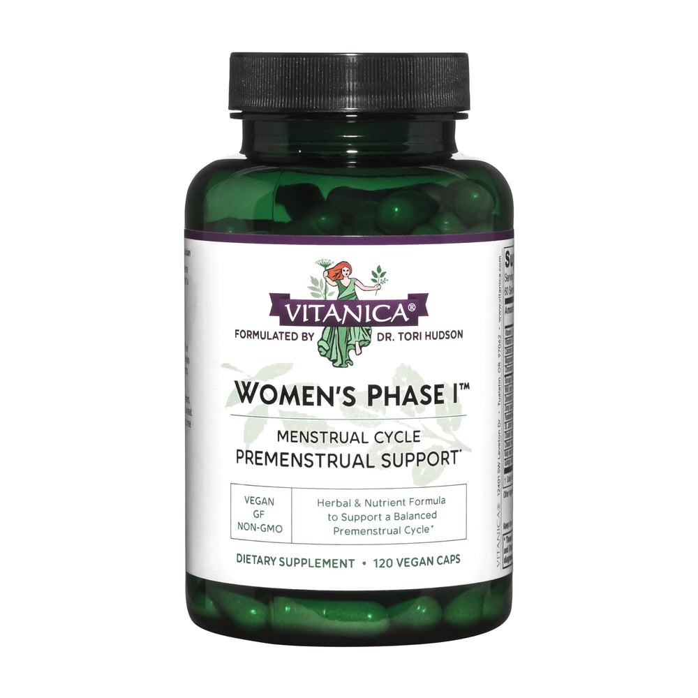 Vitanica Women's Phase I bottle front shows vegan premenstrual support option