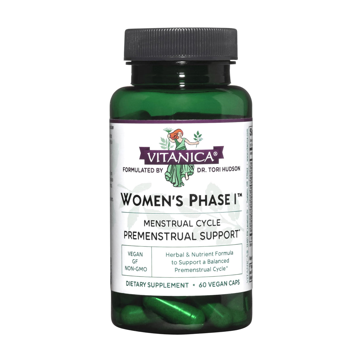 Vitanica Women's Phase I premenstrual support bottle front for balanced cycles.