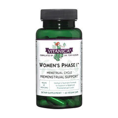 Vitanica Women's Phase I premenstrual support bottle front for balanced cycles.