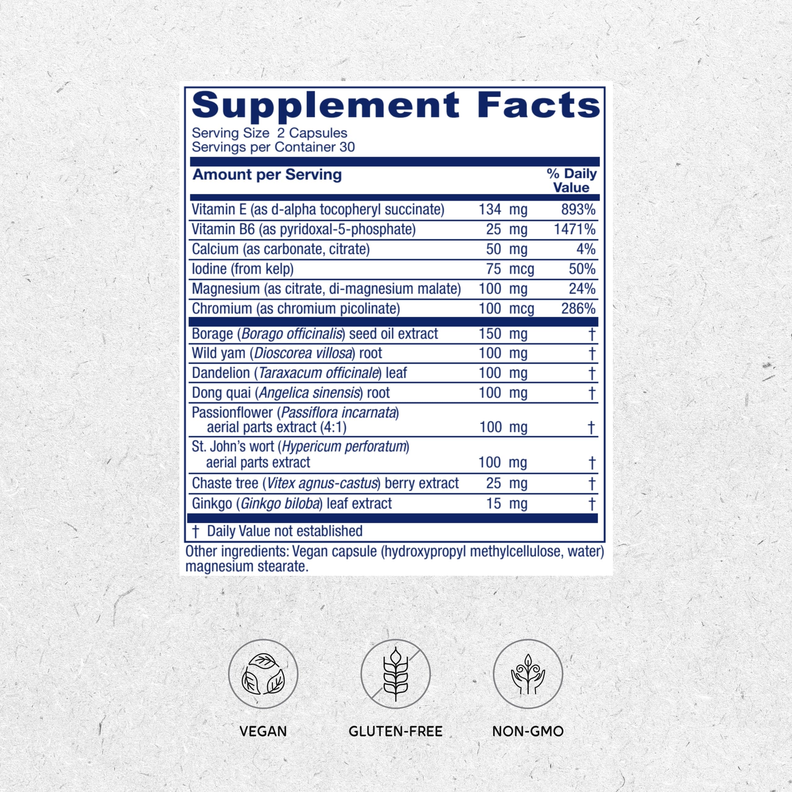 Vitanica Women's Phase I capsules close-up showing vegan capsules for cycle balance.
