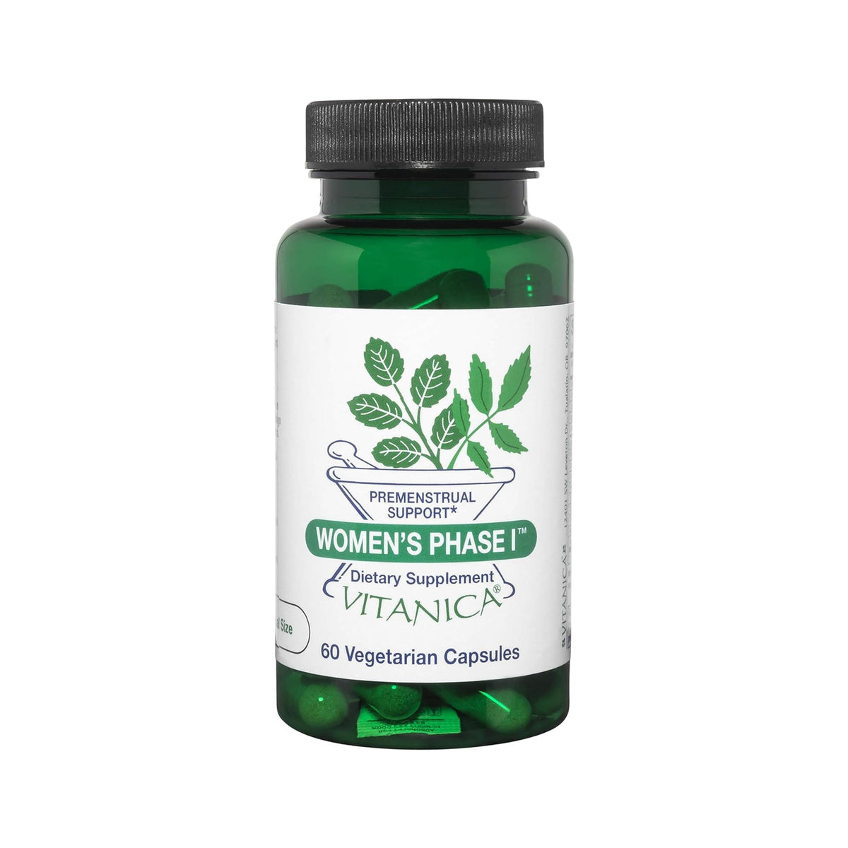 Vitanica Women's Phase I Premenstrual Support front label shows vegan formula for daily PMS support.