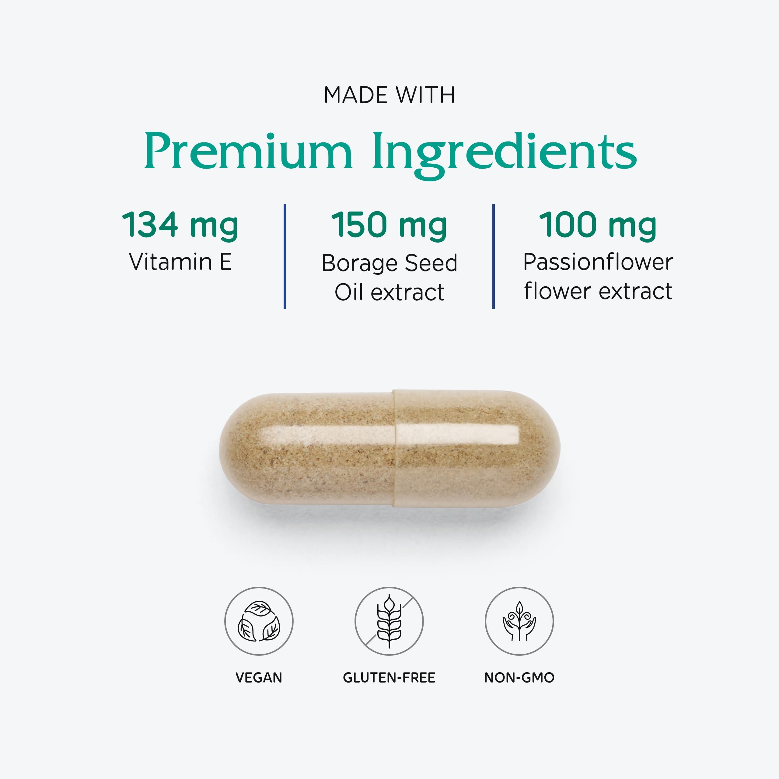 Ingredient list showcases vitamin E, B6, magnesium, calcium, and balancing herbs.