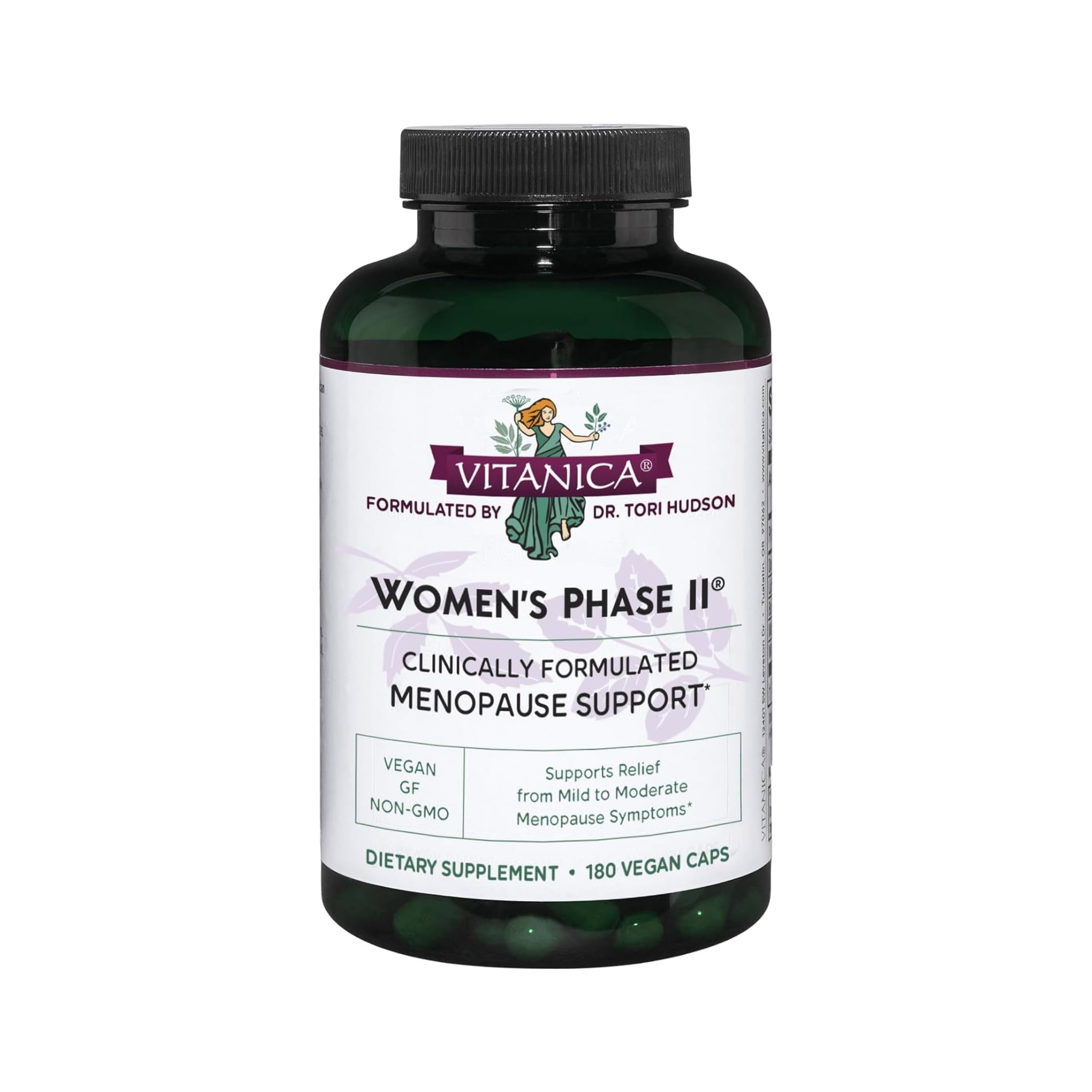Vitanica Women's Phase II bottle label highlighting vegan menopause support and herbal balance