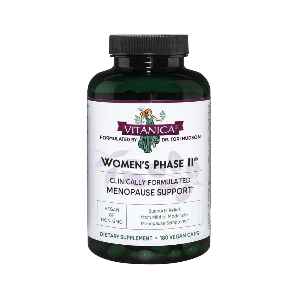 Vitanica Women's Phase II bottle label highlighting vegan menopause support and herbal balance