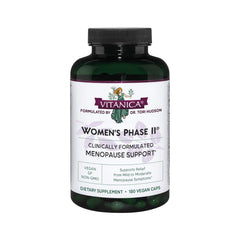 Vitanica Women's Phase II bottle label highlighting vegan menopause support and herbal balance