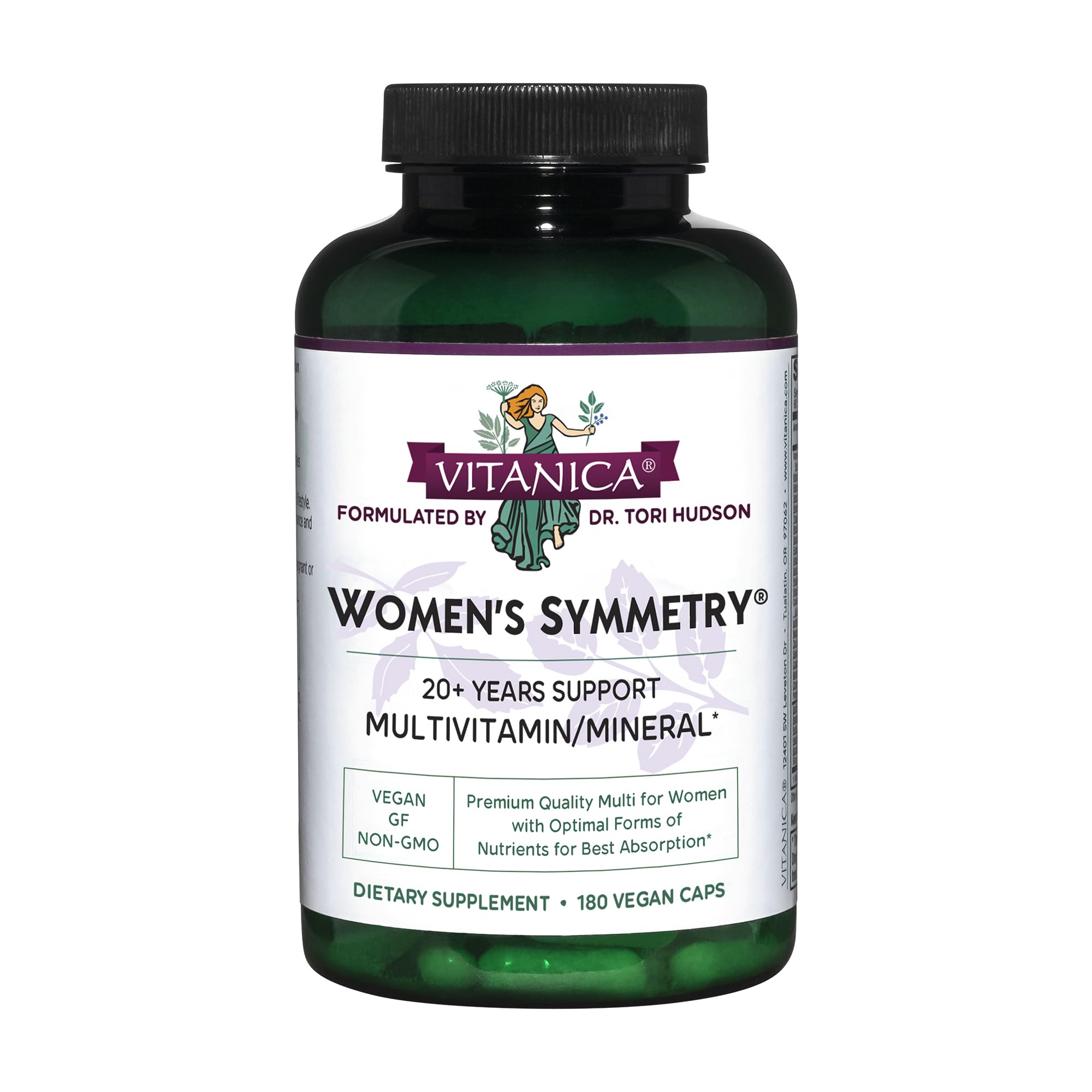 Vitanica Women's Symmetry bottle close-up showing capsules for daily nutrition.