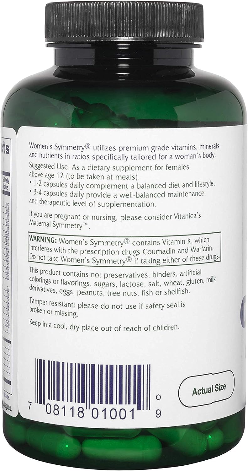 Detail of Vitanica Women's Symmetry ingredients list with premium nutrient ratios