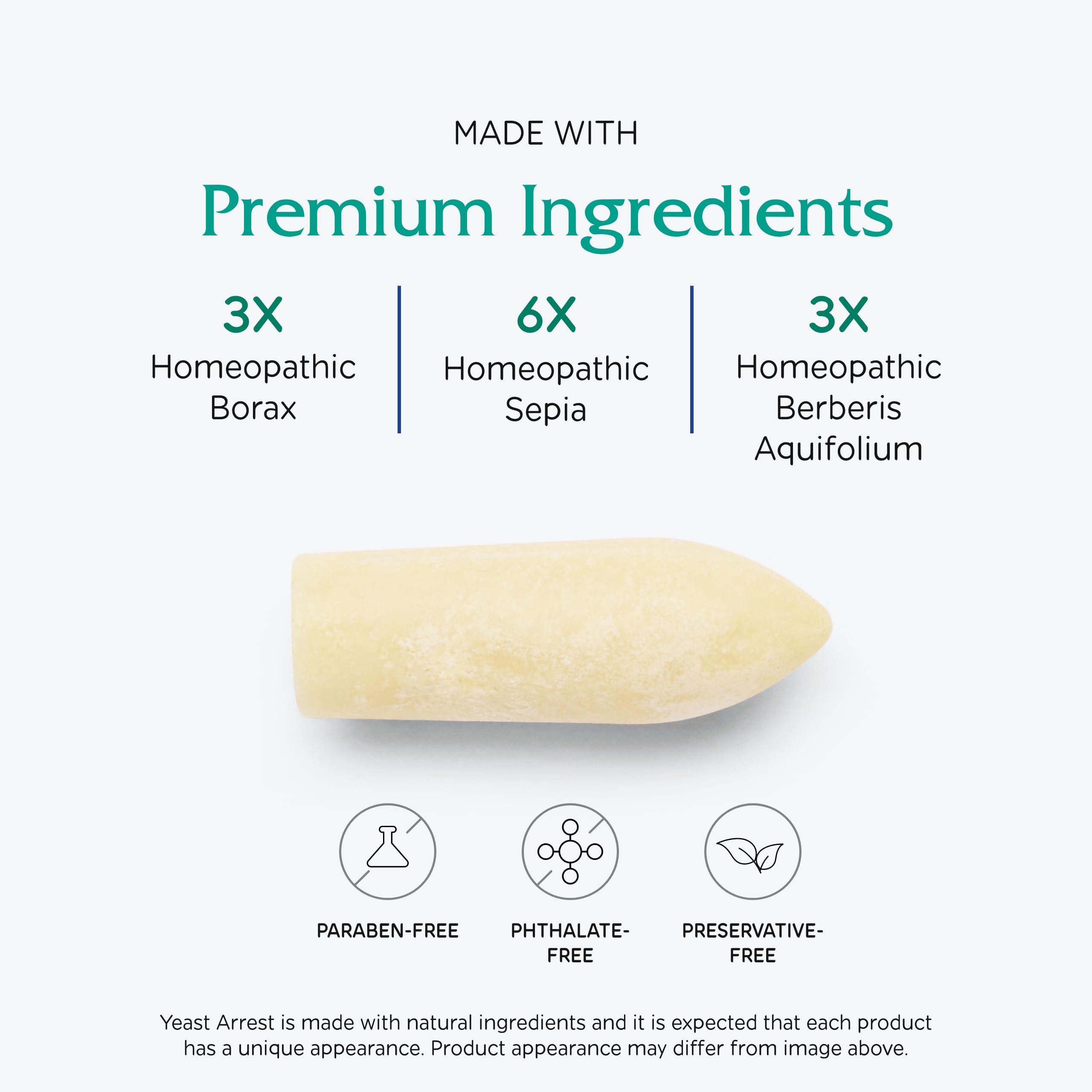 Vitanica Yeast Arrest cocoa butter base emphasizes natural, paraben-free composition.