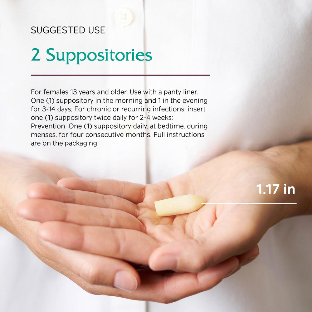 Vitanica Yeast Arrest bottle beside suppositories on display