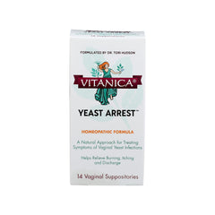 Vitanica Yeast Arrest packaging front shows vegan homeopathic formula