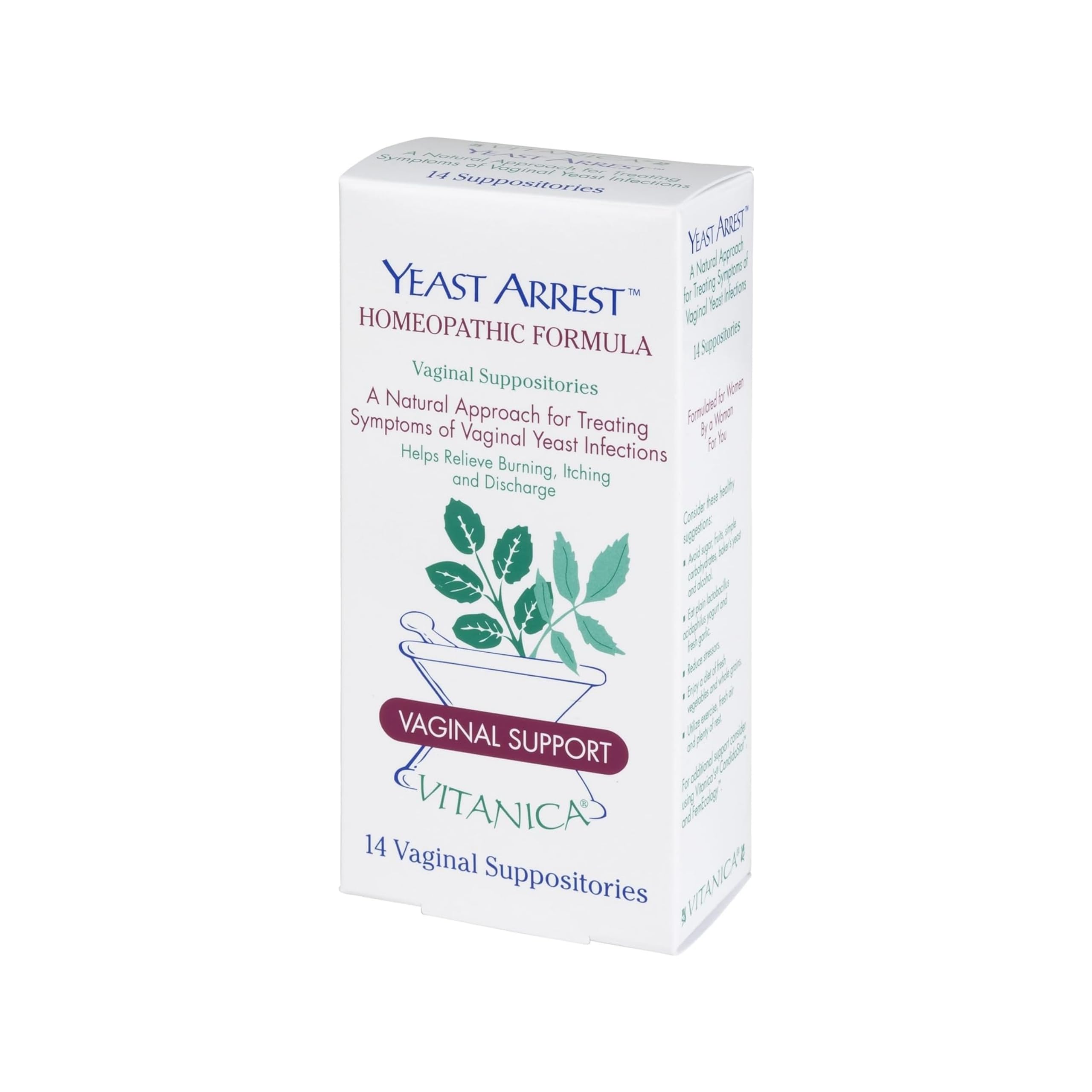 Vitanica Yeast Arrest suppositories foil-wrap packaging for easy insertion and comfort.