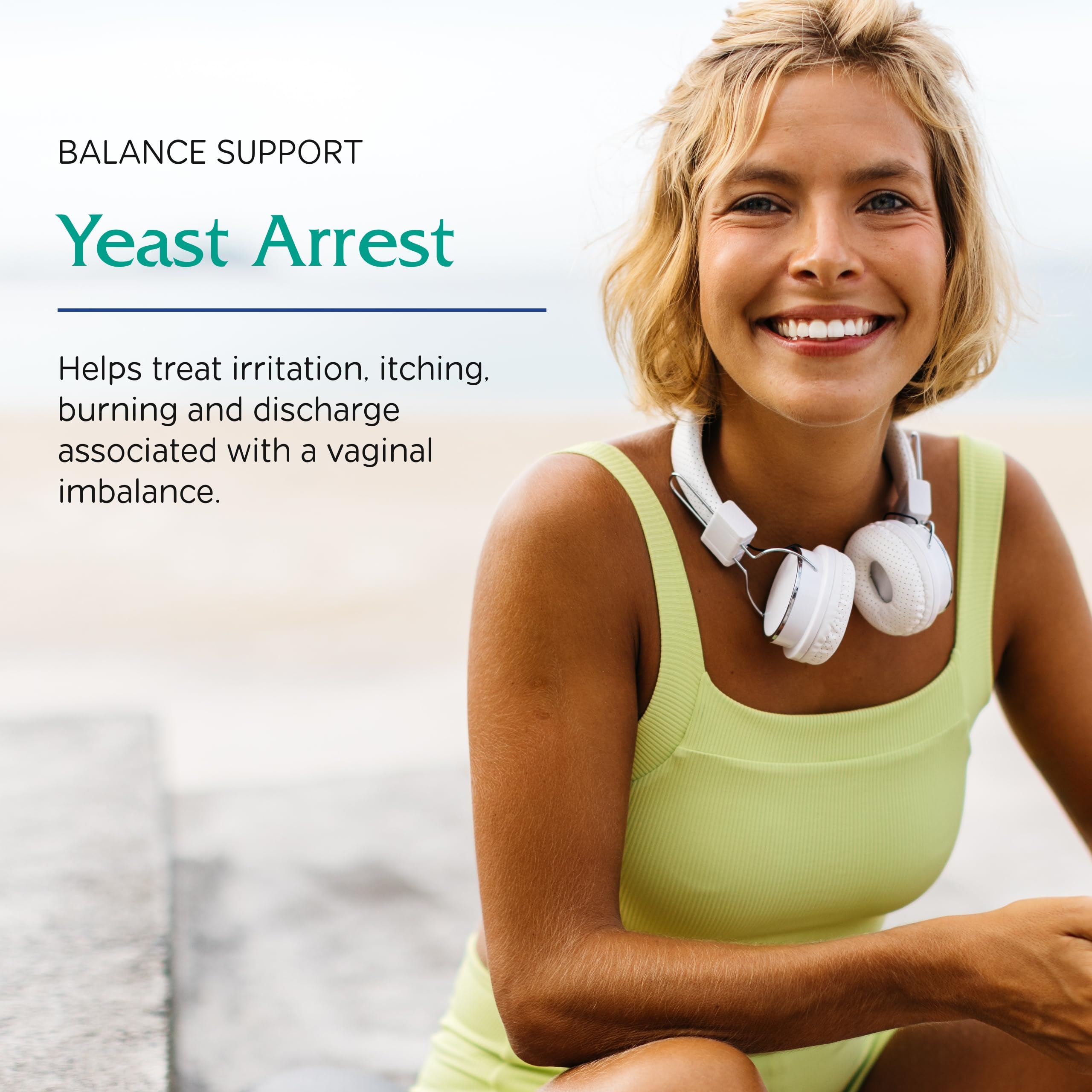 Vitanica Yeast Arrest displays tea tree oil and other ingredients for gentle support.