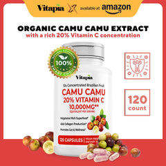 Vitapia Camu Camu capsules close up showing easy to swallow veggie capsules