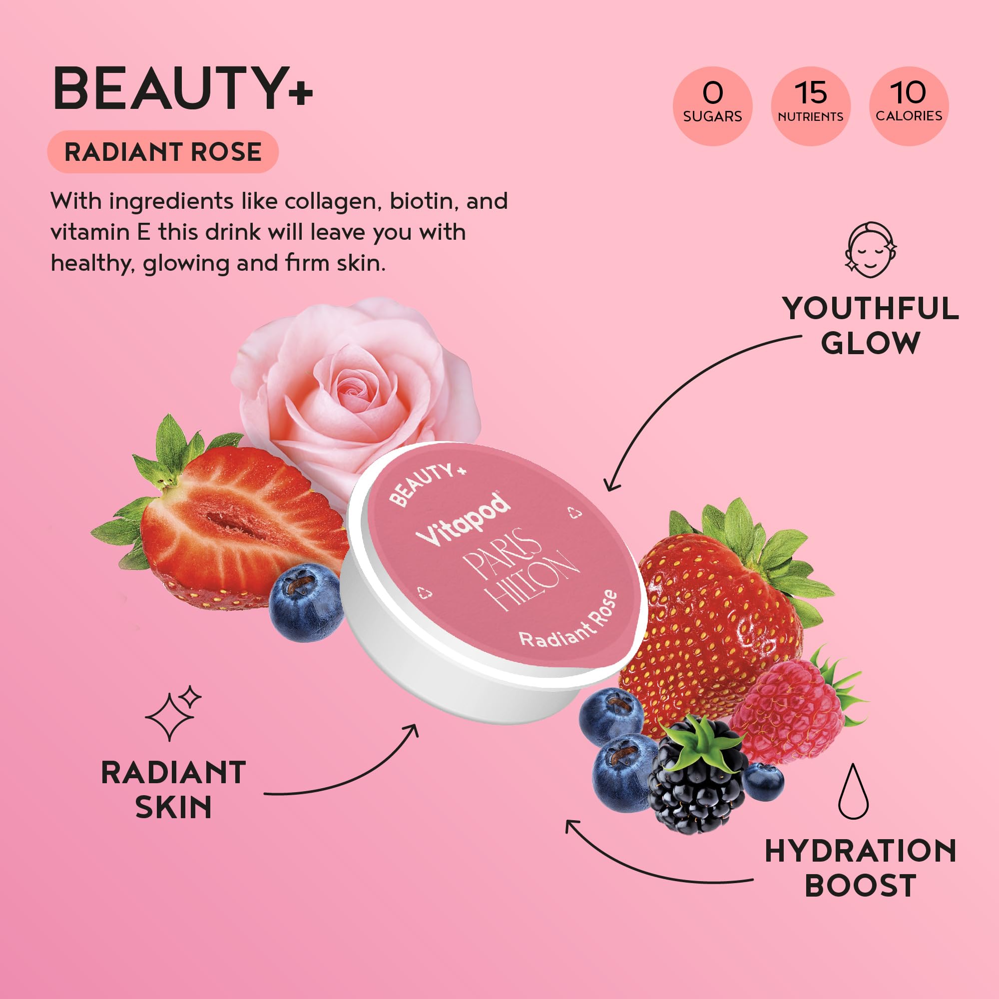 Vitapod Paris Hilton Beauty+ Radiant Rose bottle ready for a refreshing, sugar-free beauty drink.