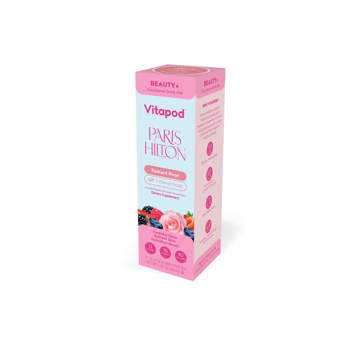 Vitapod Paris Hilton Beauty+ Radiant Rose pods on a counter for radiant skin support.