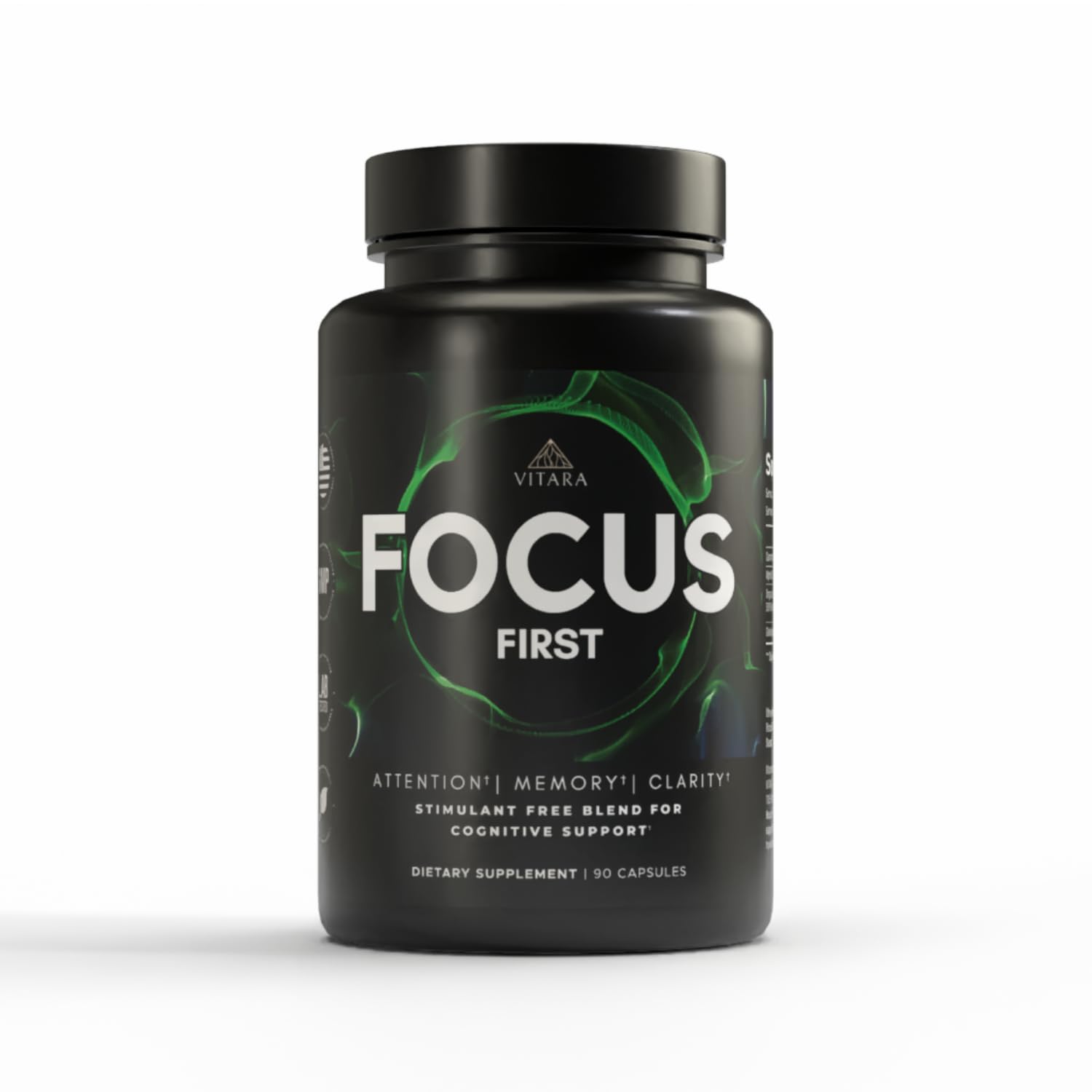VITARA Focus First bottle label showcasing clean design for daily cognitive support.