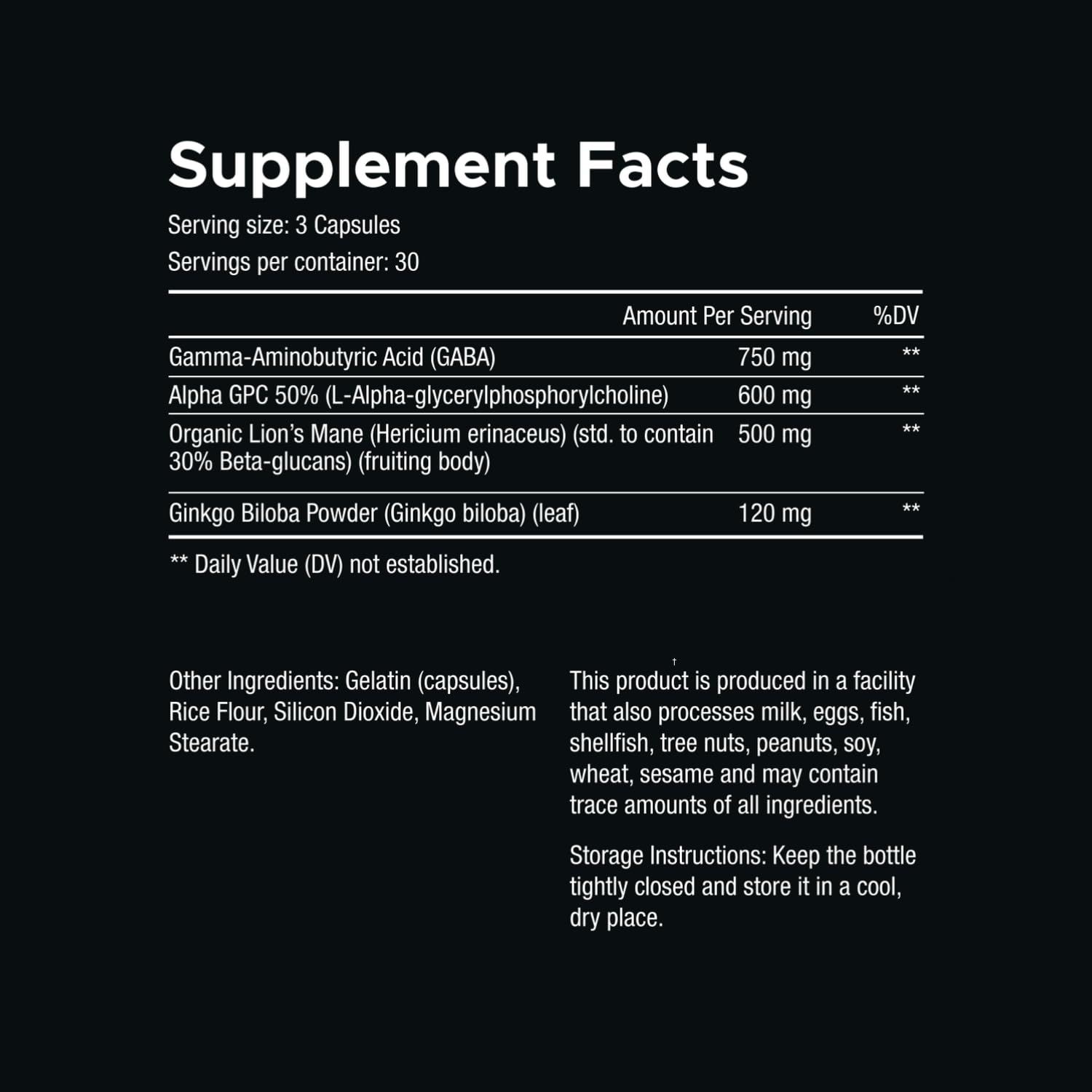 VITARA Focus First Lions Mane ingredients highlight natural cognitive support.