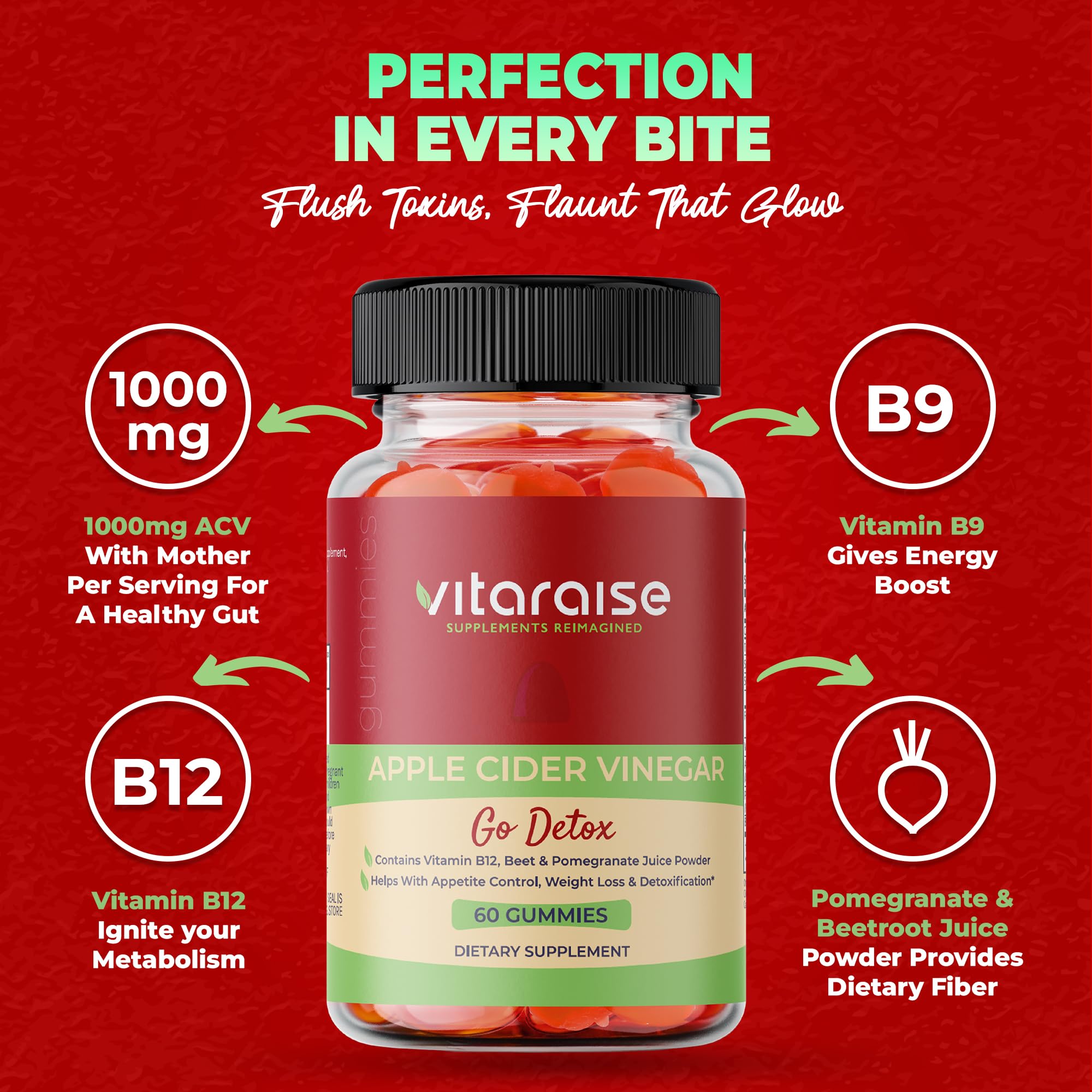 Pouring Vitaraise ACV Gummies from a jar for daily use