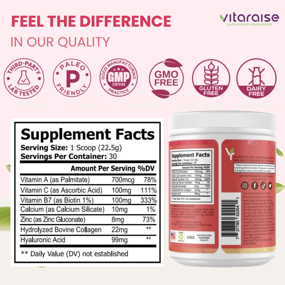 Vitaraise dissolving collagen powder in water for daily wellness.