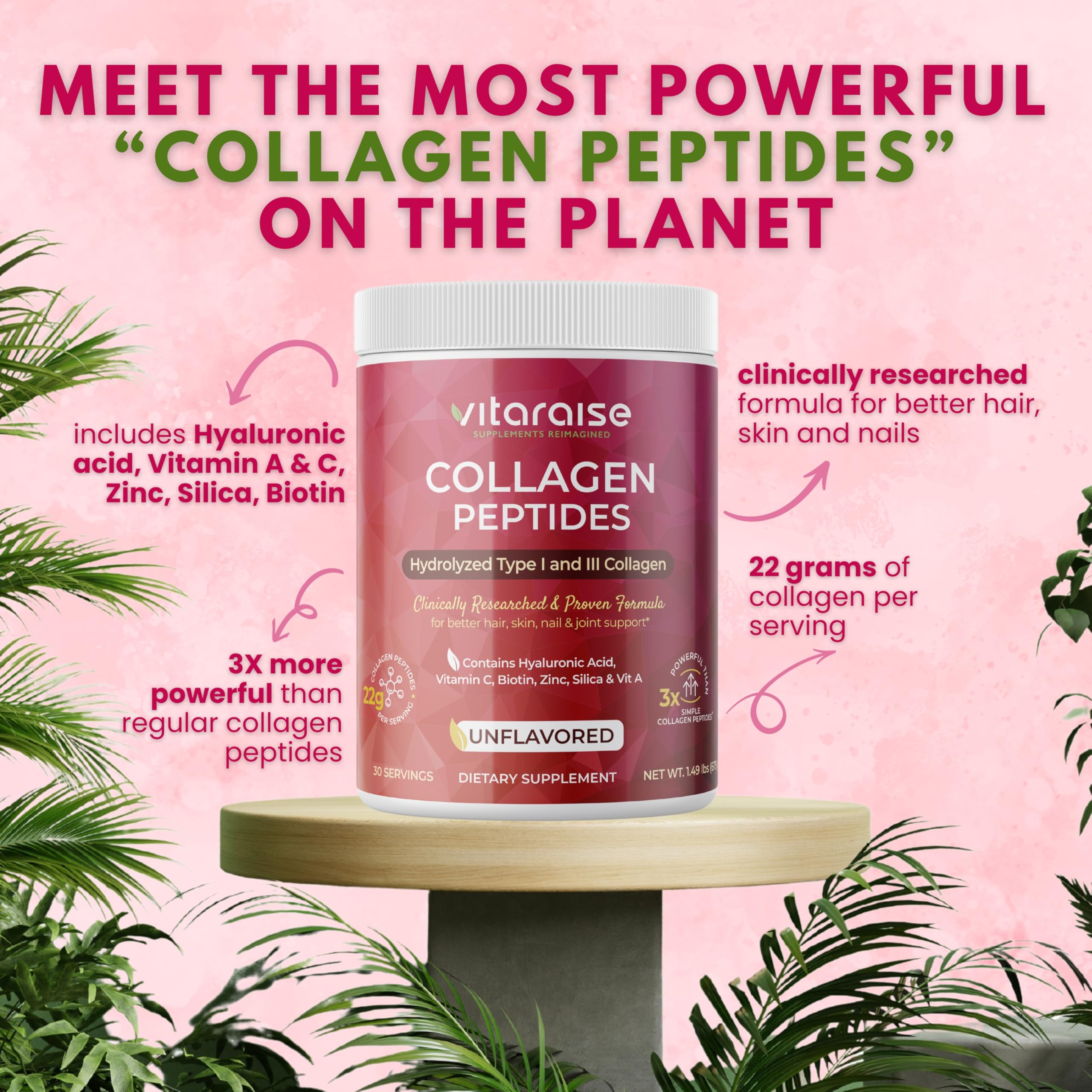 Vitaraise collagen powder pours into a glass for easy coffee or juice mix-ins.