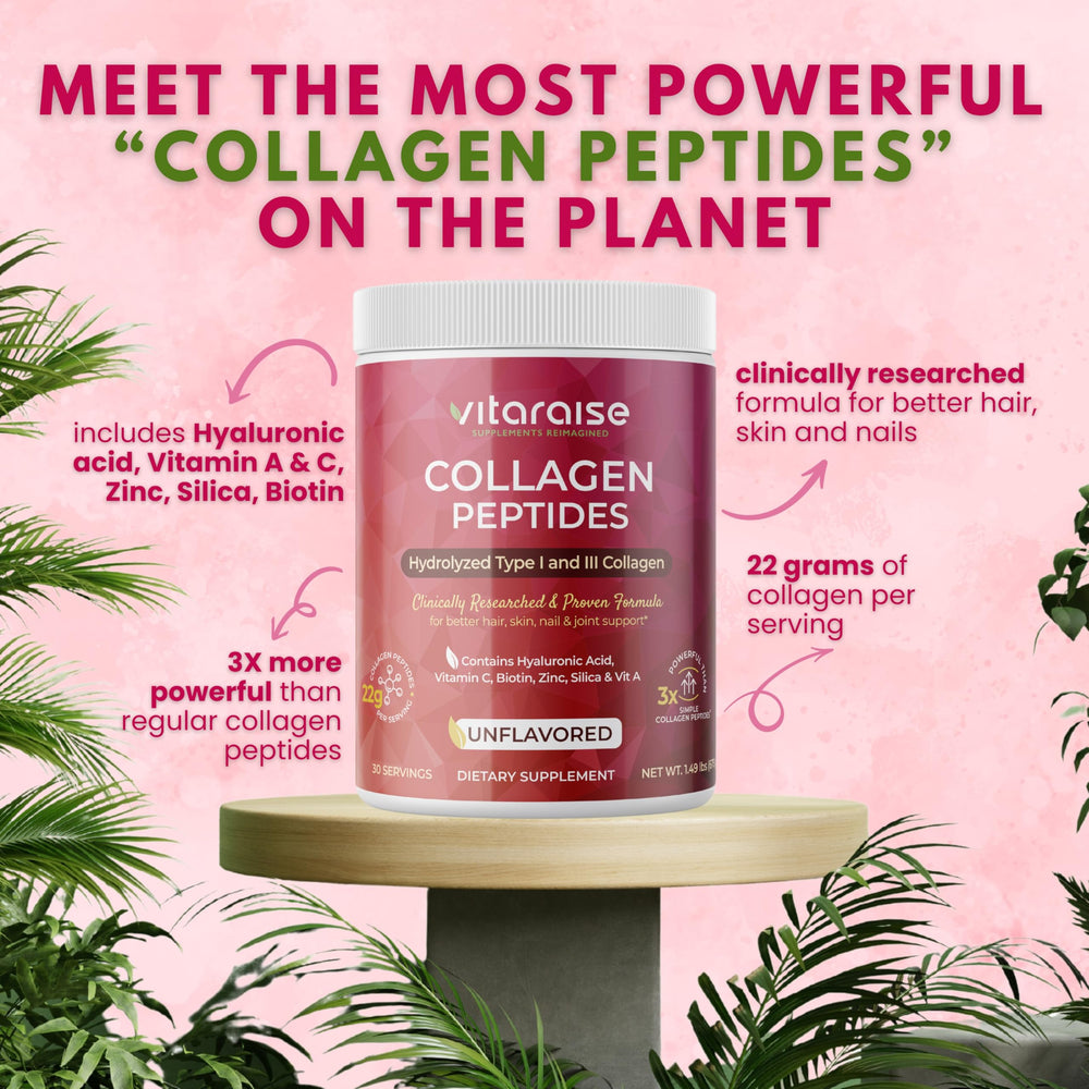 Vitaraise collagen powder pours into a glass for easy coffee or juice mix-ins.
