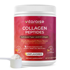 Vitaraise hydrolyzed collagen powder bottle for daily skin and joint support.