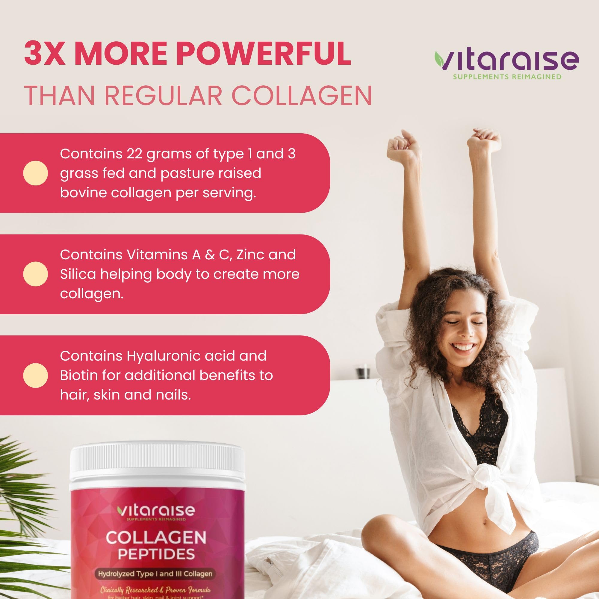 Vitaraise ingredient panel highlighting vitamins A and C, zinc, and silica for beauty support.
