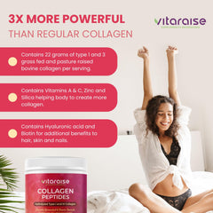 Vitaraise ingredient panel highlighting vitamins A and C, zinc, and silica for beauty support.