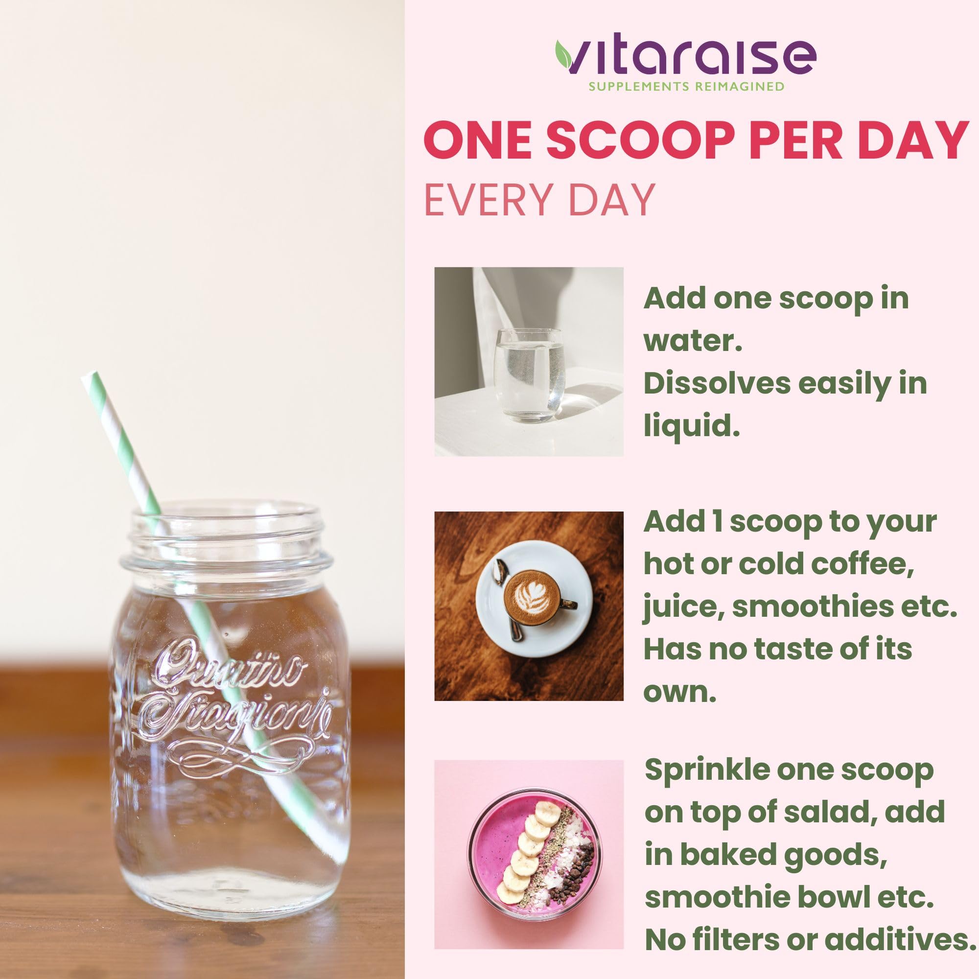 Vitaraise packaging and unflavored powder on kitchen countertop.