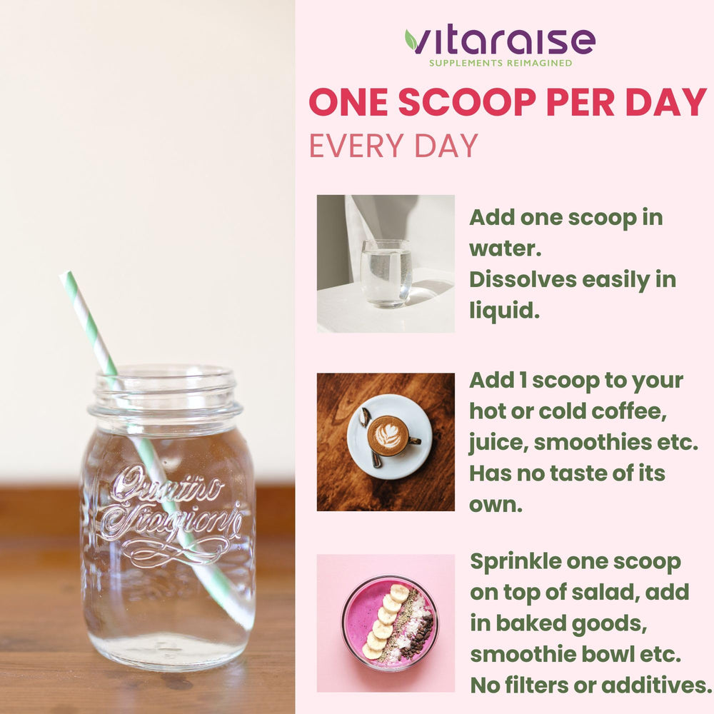 Vitaraise packaging and unflavored powder on kitchen countertop.
