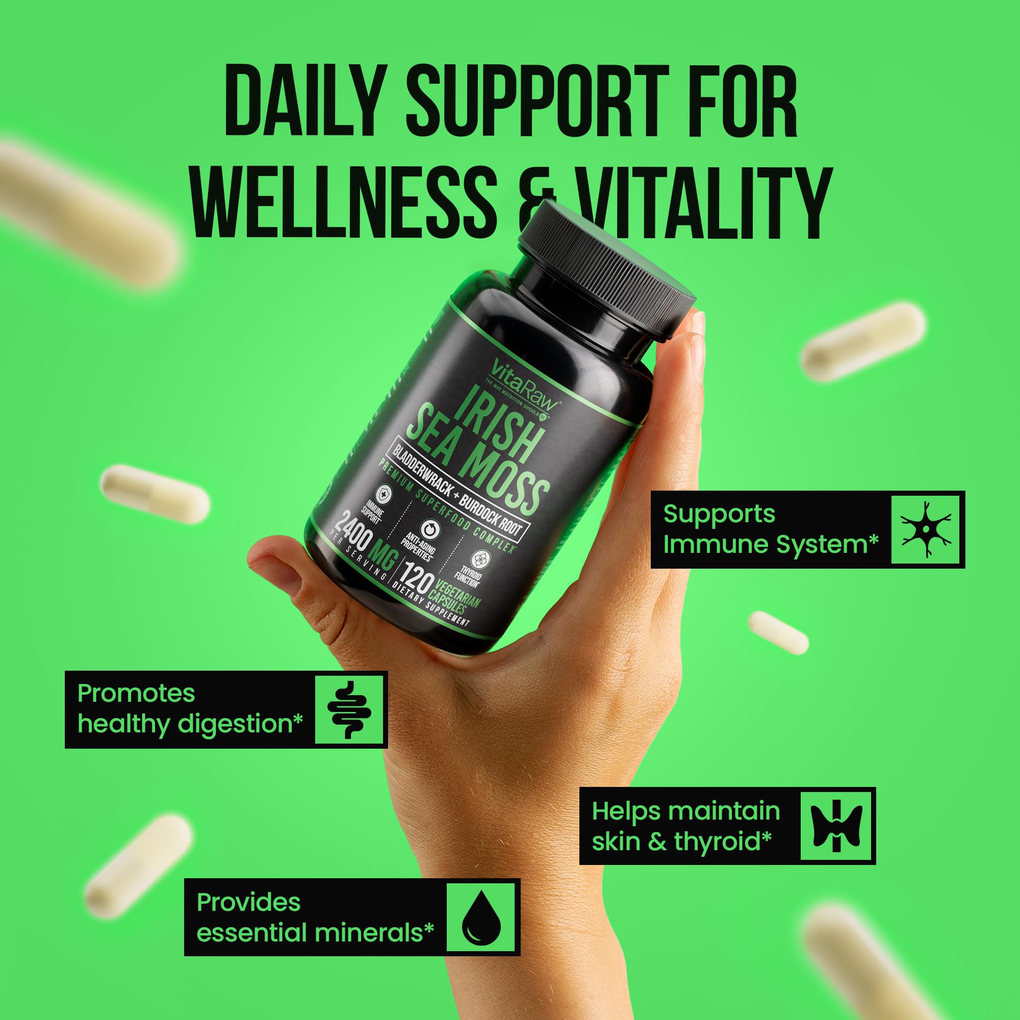 VitaRaw Irish Sea Moss powder packaging highlights natural seaweed ingredient.