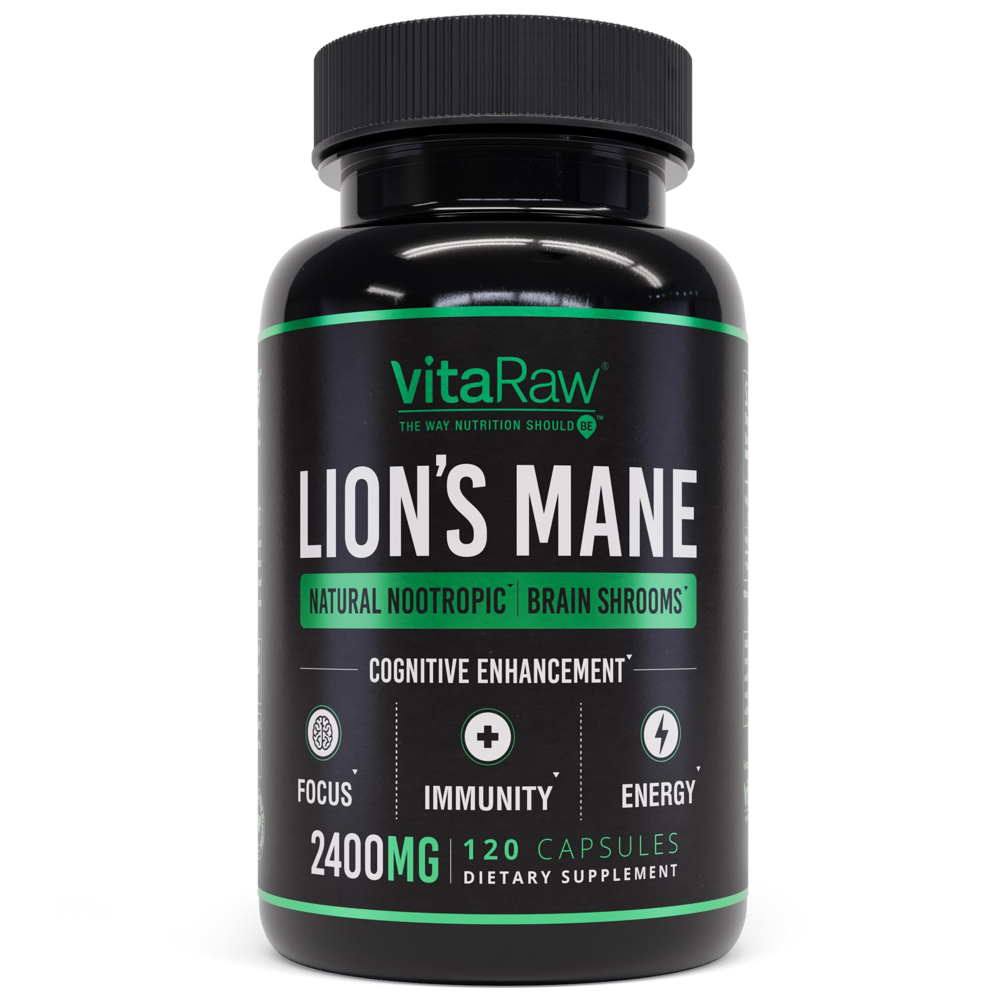 VitaRaw Lions Mane supplement bottle front showing a vegan brain-boosting capsule routine