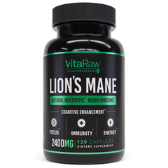 VitaRaw Lions Mane supplement bottle front showing a vegan brain-boosting capsule routine
