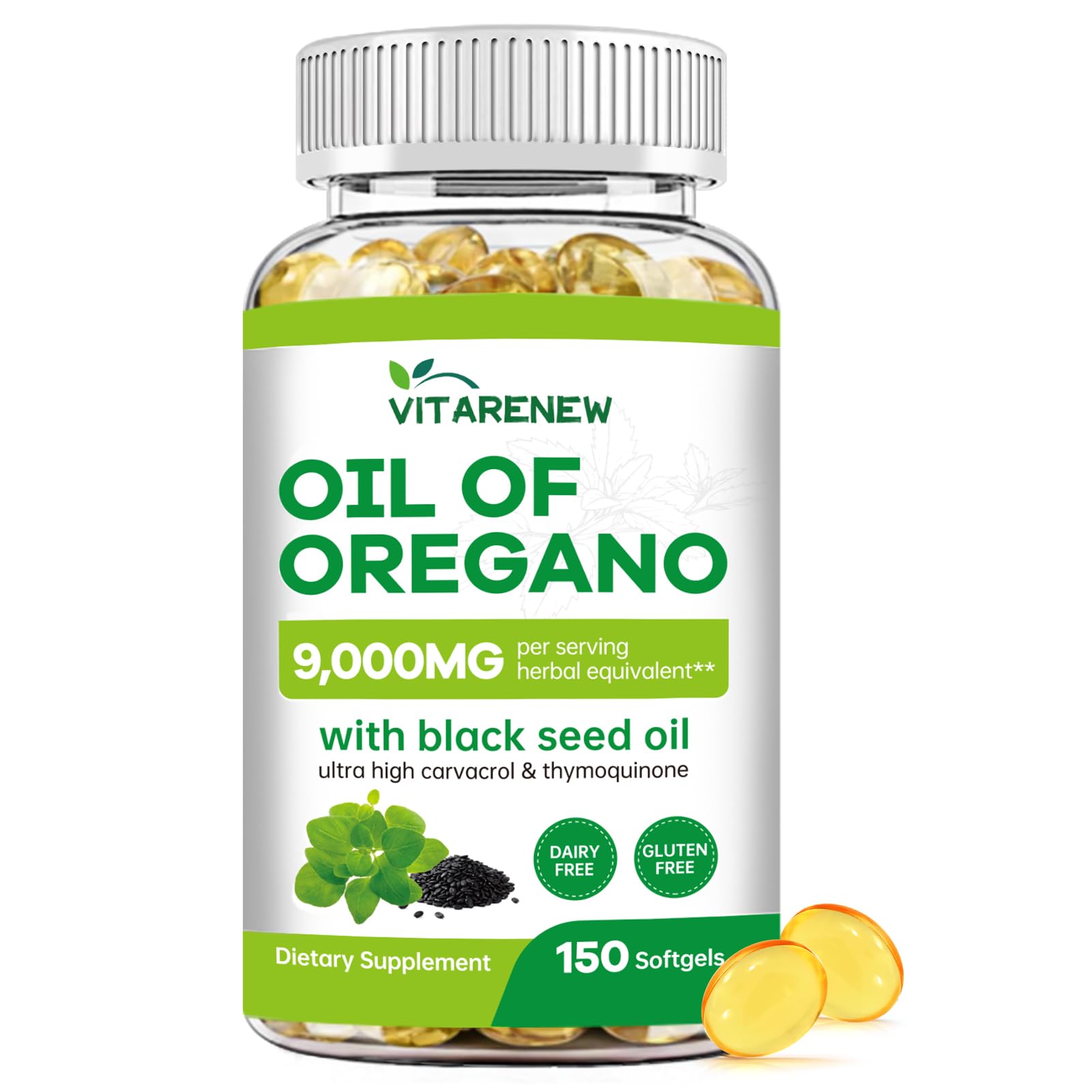 VITARENEW Oil of Oregano softgel bottle shown for daily immune support.