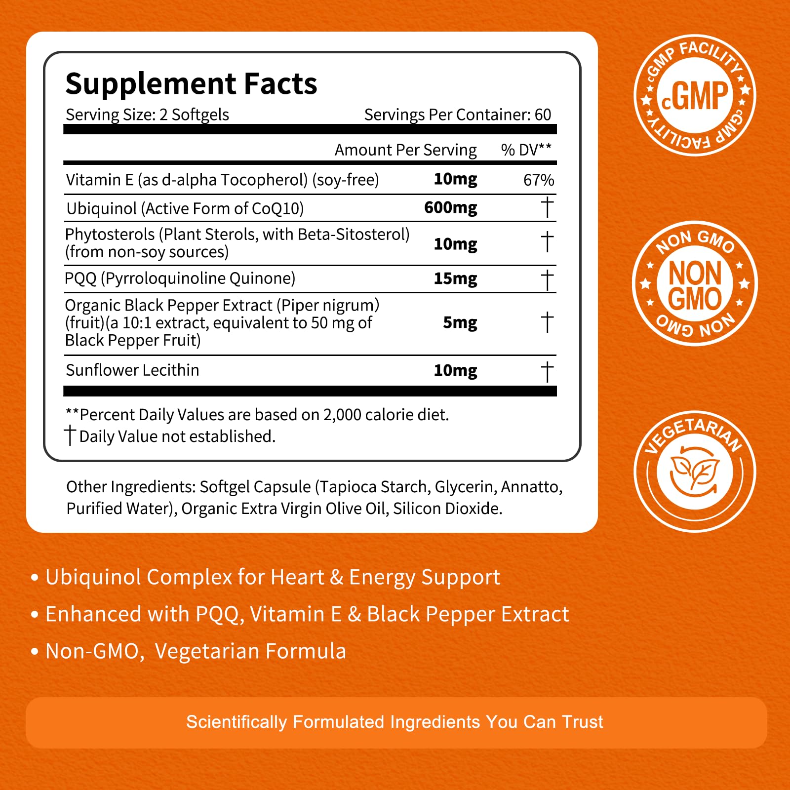 Vitarevive CoQ10 softgels bottle back label with ingredients and usage.