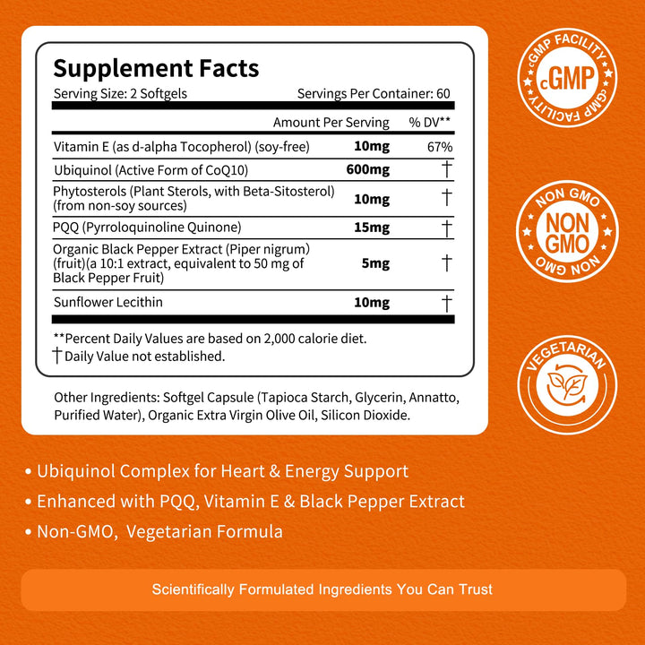 Vitarevive CoQ10 softgels bottle back label with ingredients and usage.