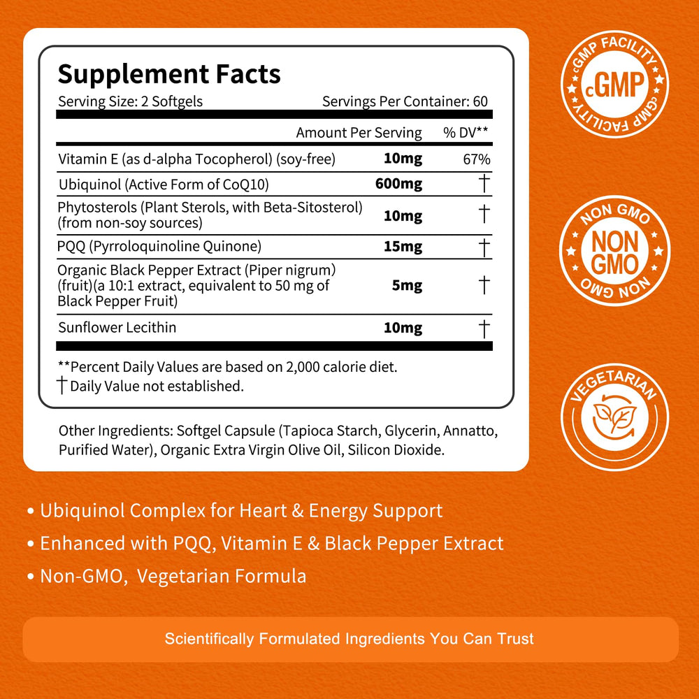 Vitarevive CoQ10 softgels bottle back label with ingredients and usage.