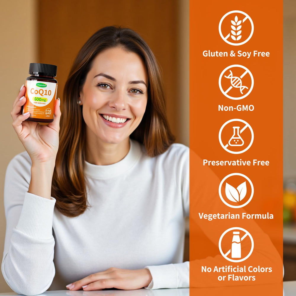 Vitarevive CoQ10 softgels in hand illustrating easy swallowing.