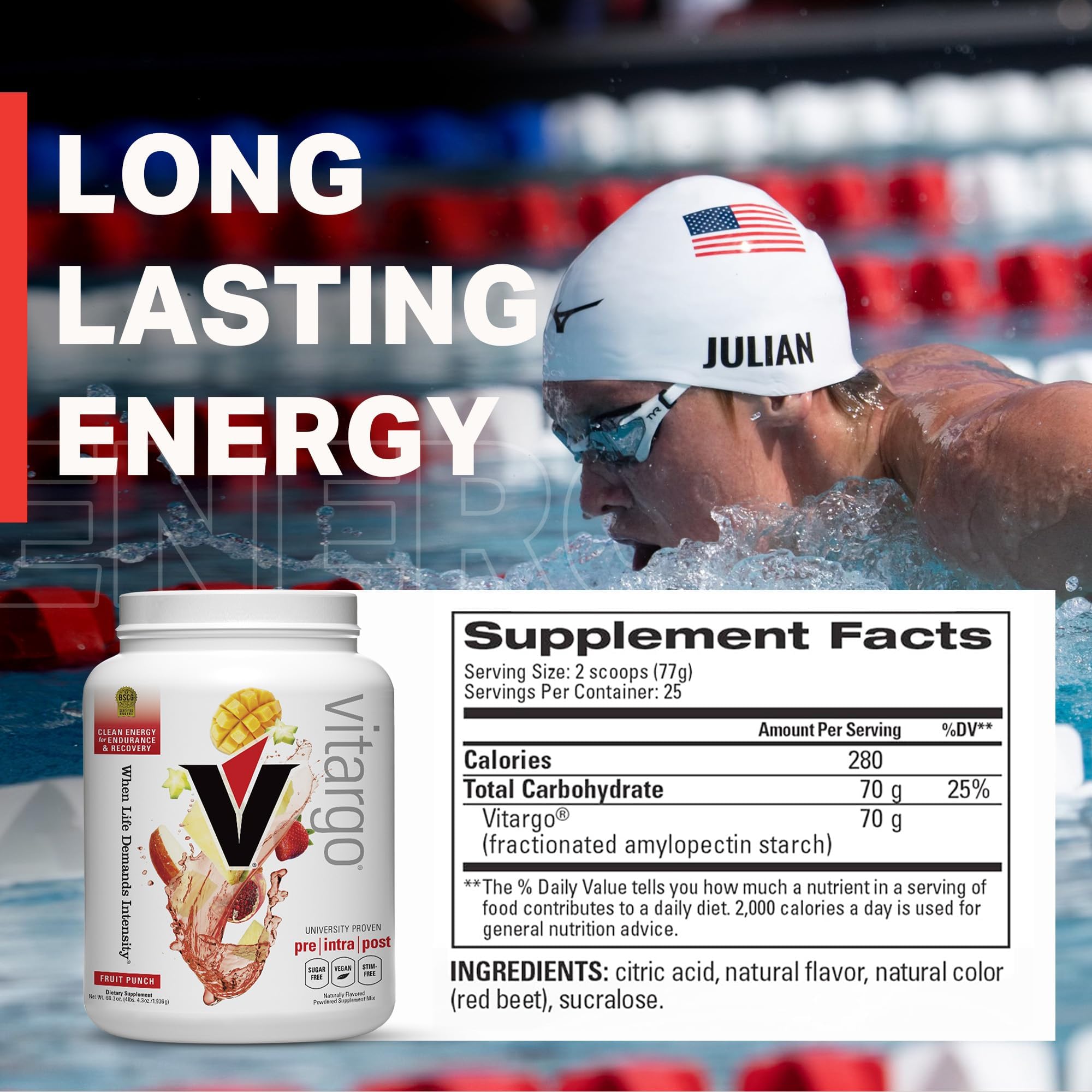 Vitargo Fruit Punch label highlighting USA-made production and purity.