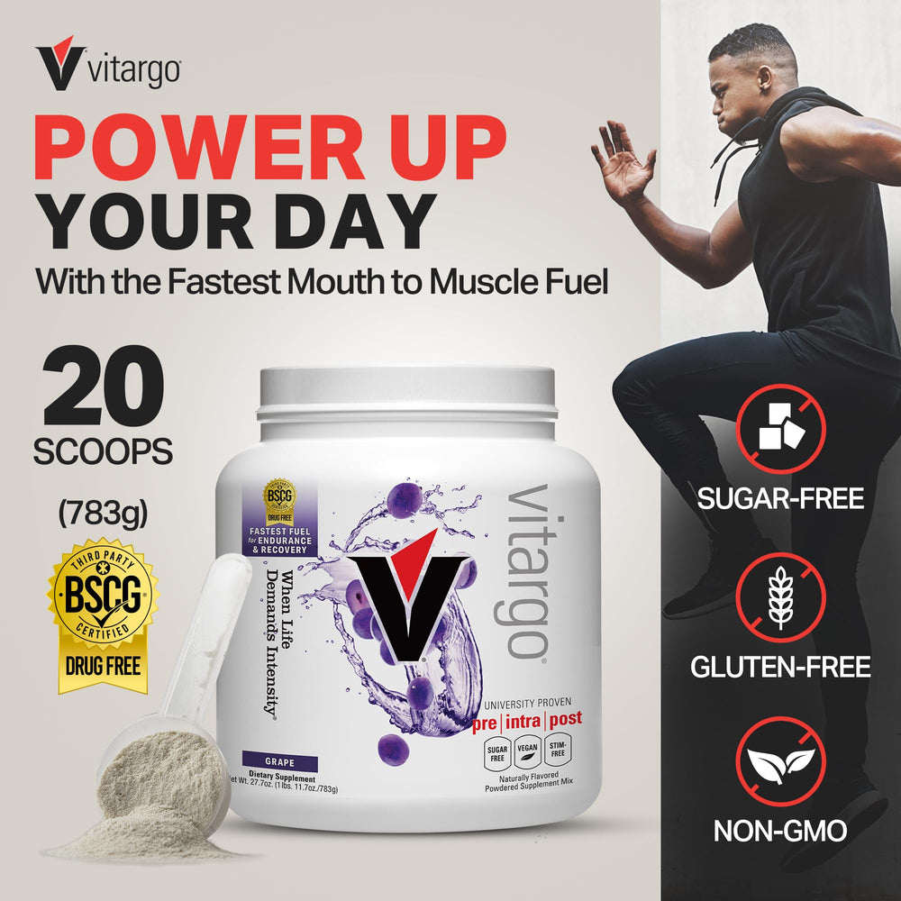 Vitargo grape flavor bottle pouring, highlighting quick glycogen support