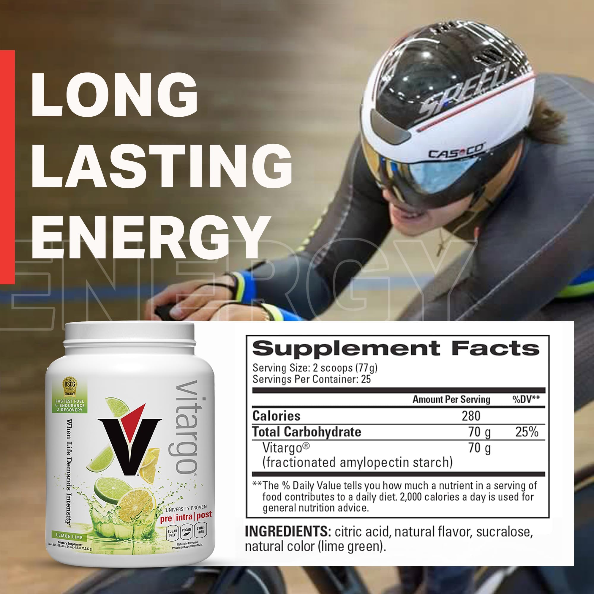 Vitargo lemon-lime packaging showcases a premium carb powder for performance.