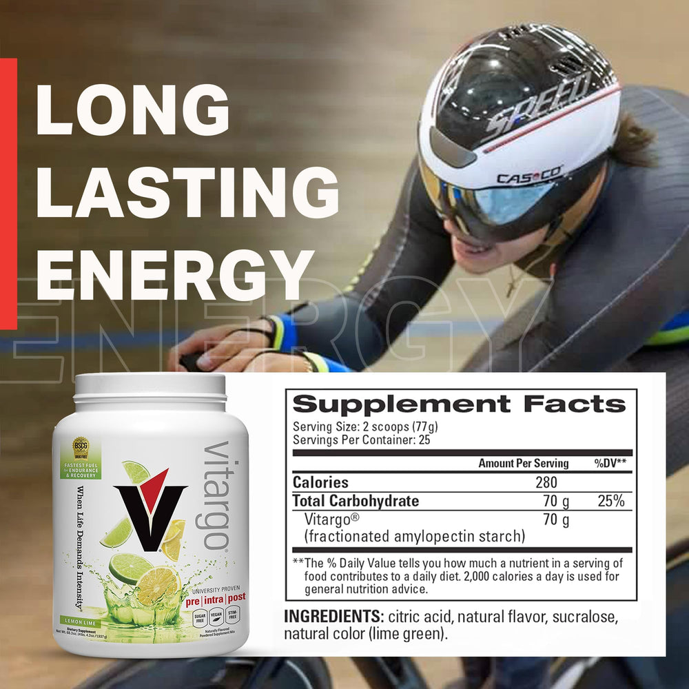 Vitargo lemon-lime packaging showcases a premium carb powder for performance.